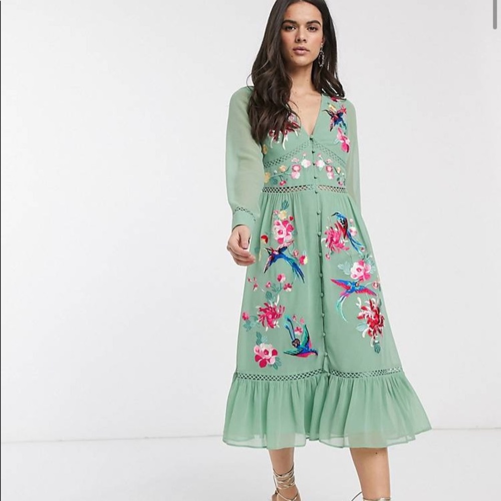 ASOS DESIGN embroidered midi dress in sage green